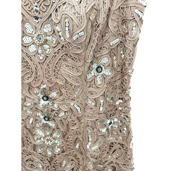 Sue Wong Nocturne Tan Soutache Sequin Floral V-Neck Cocktail Dress Size 12 - Picture 3 of 10